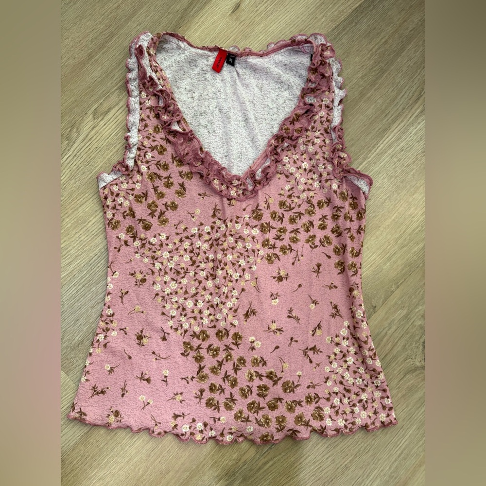 Friends Jeans Vintage Y2K Ruffle Trim Floral Sleeveless Babydoll Shirt, USA, Med